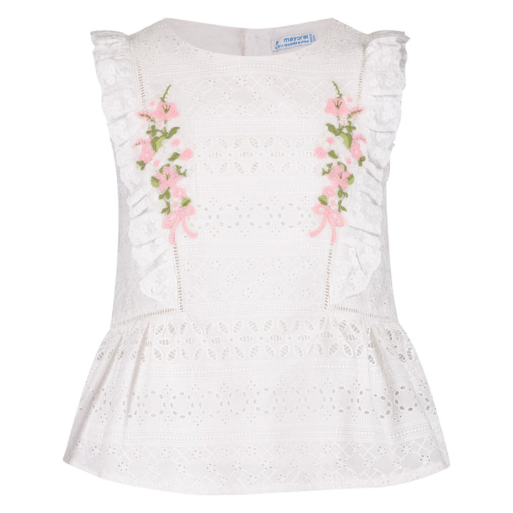 White & Pink Floral Ruffle Blouse