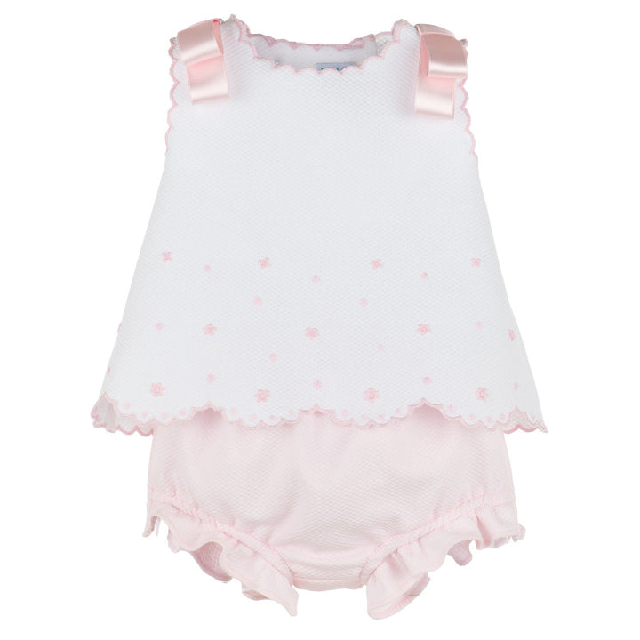 White & Pink Scalloped Top & Bloomer Set
