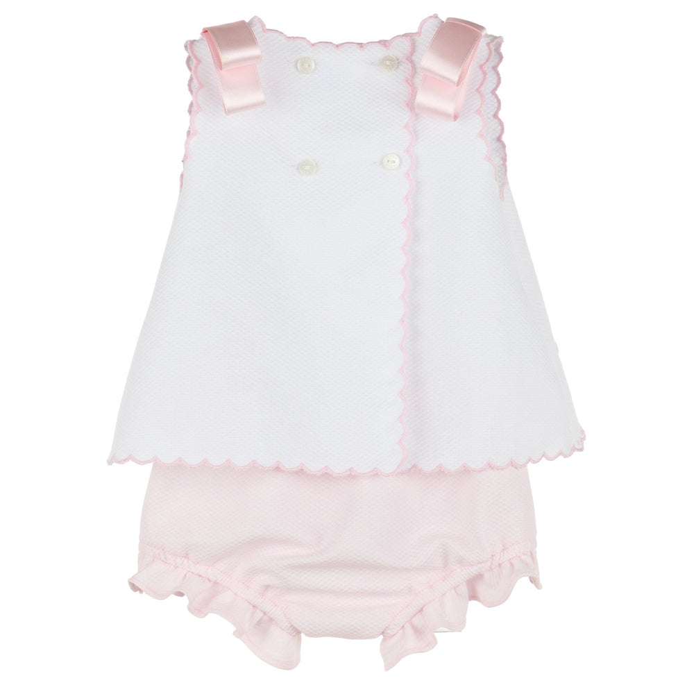 White & Pink Scalloped Top & Bloomer Set